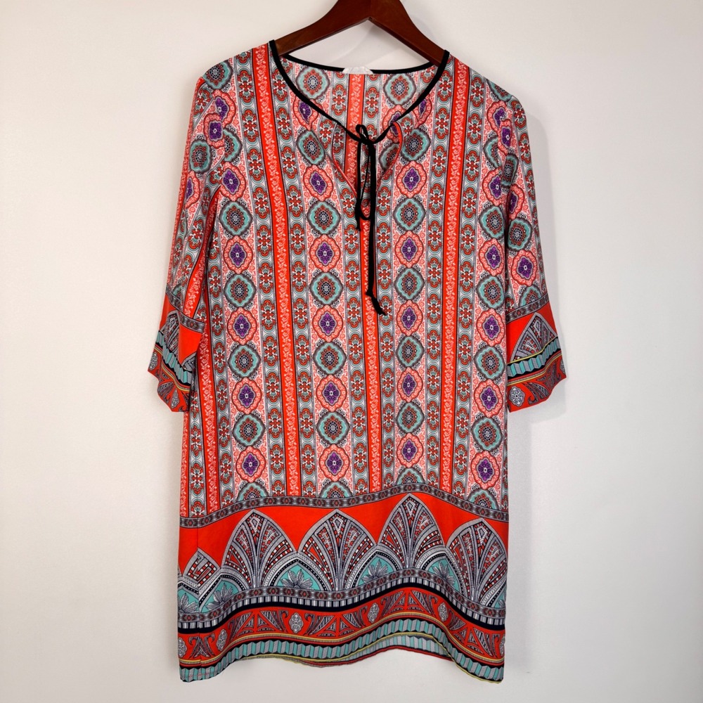 Glam Dress Women Size Small Orange Medallion Paisley Shift‎ Boho Mini D013-101